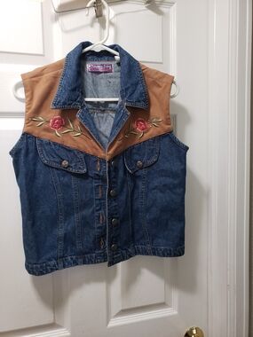 Embroidered Denim Vest with Tan Yoke - Women's Jacket & Coat